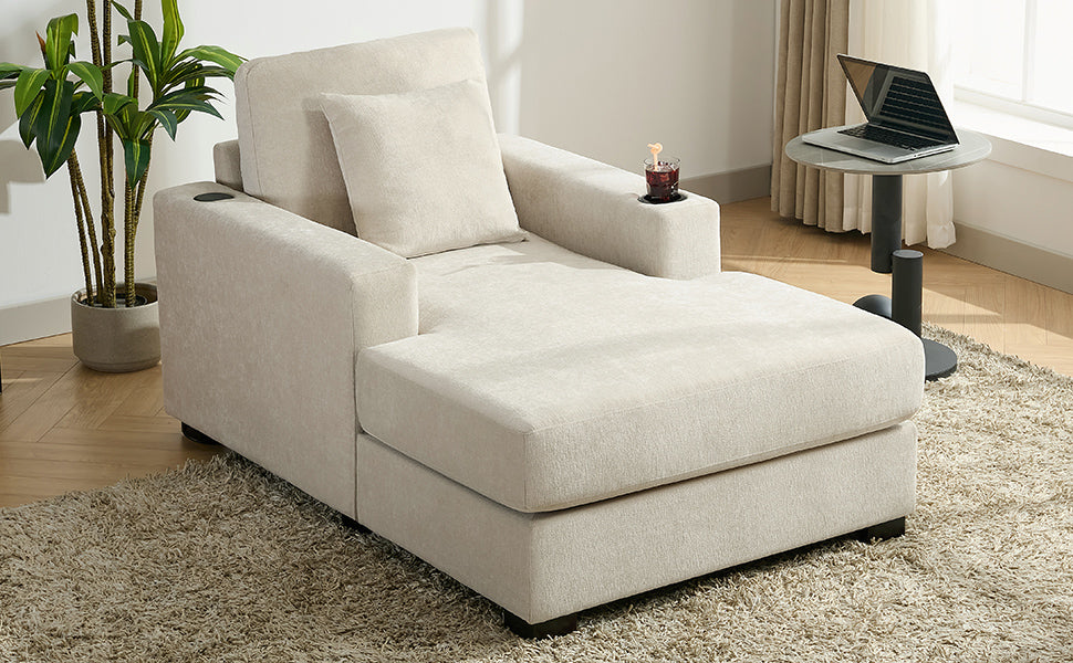 39.7" Oversized Chaise Lounger Modern Style Sofa Couch ,with Pillows, Charge Station &amp; Cup Holders, Chenille Fabric, Cream