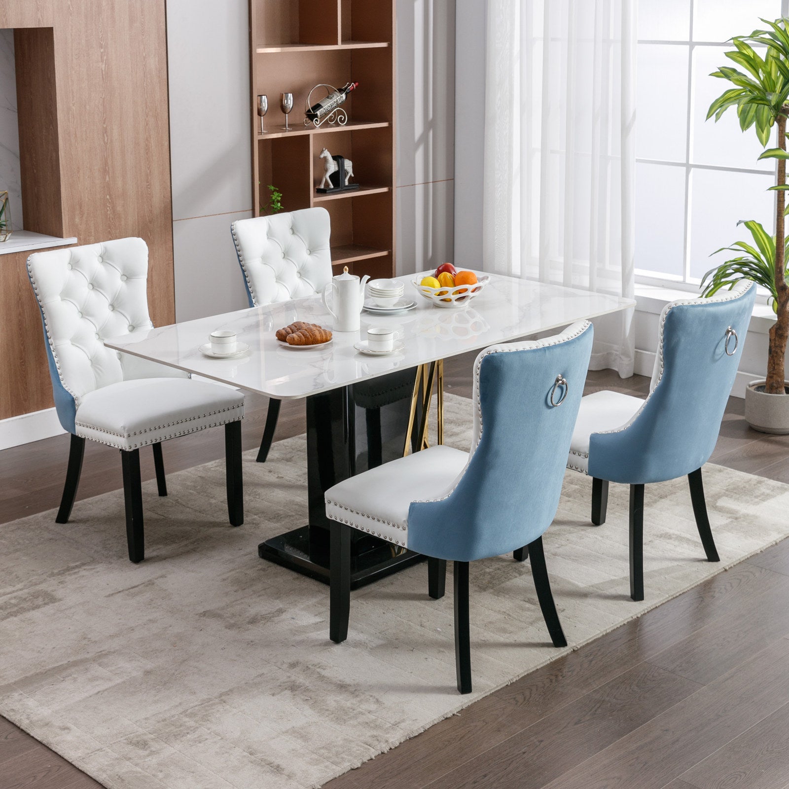 A&amp;A Furniture Nikki Collection Modern High-end Tufted Solid Wood Contemporary PU 2-Pcs Set White+Light Blue