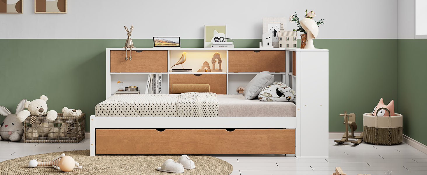 L-shaped bed frame with luggage and bookshelf, corner bed wooden captain&