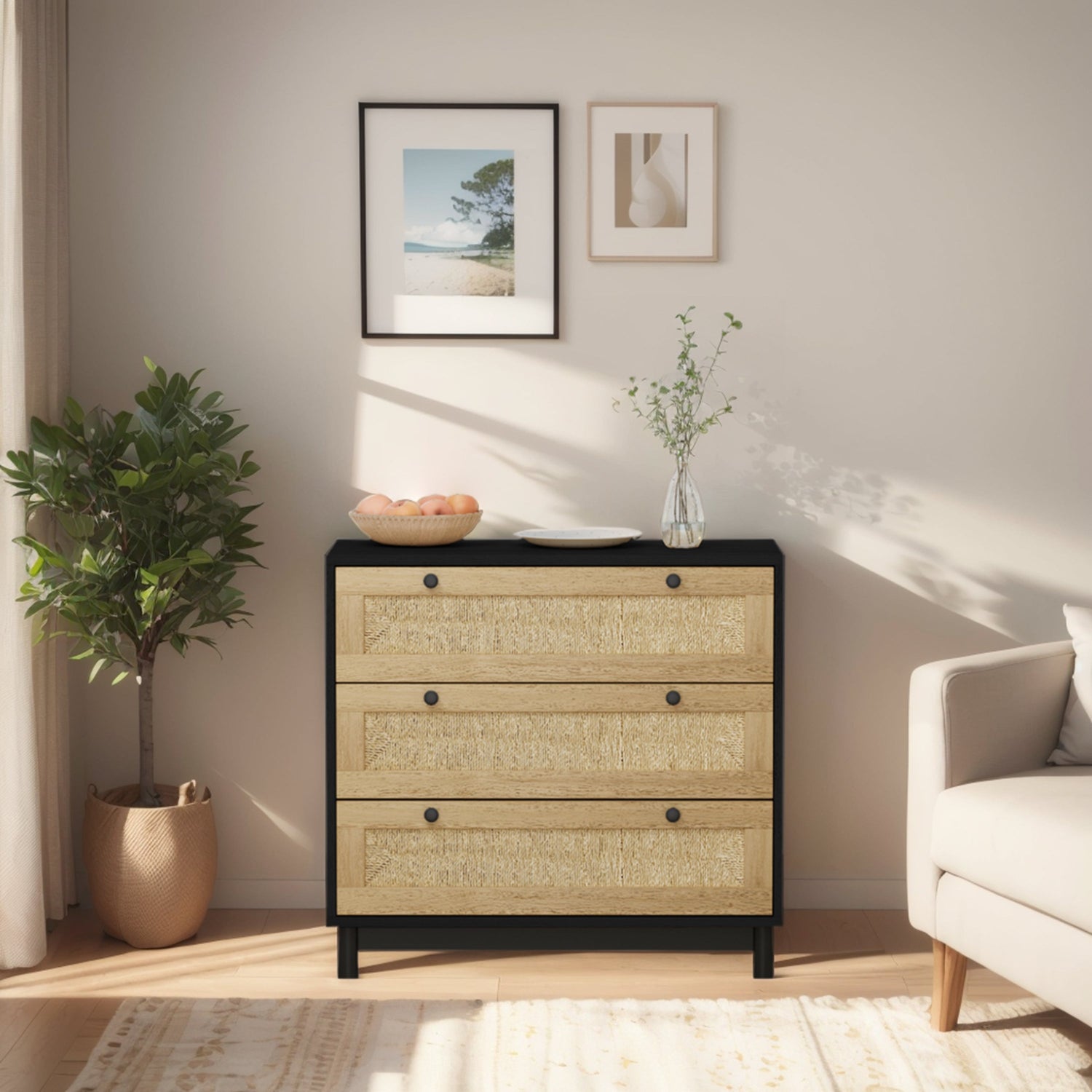 30.31"3-Drawers Storage Cabinet Rope Woven Drawer,for Bedroom,Living Room,Dining Room,Hallways,Black