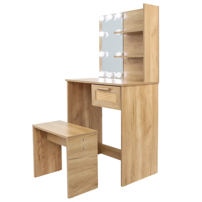 Vanity Desk Set Stool &amp; Dressing Table with LED Lighting Mirror Drawer and Wood Cosmetic Table Chest of Drawers Nature Color