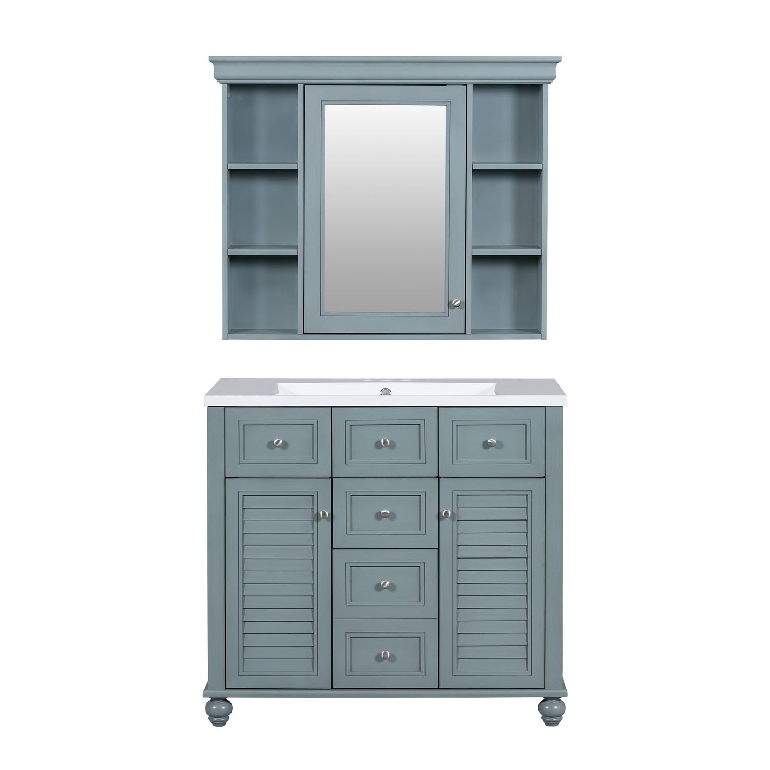 36 inch modern mirror cabinet with adjustable shelves, 2 soft closing doors, and 6 drawer storage cabinet door organizers