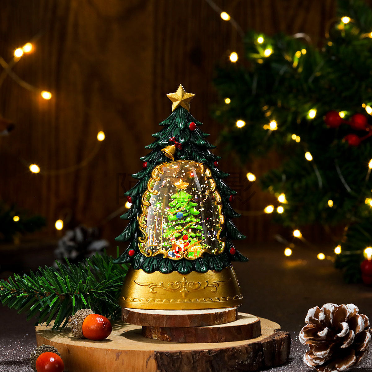 Christmas gifts, painted Christmas trees, glowing candles, oil lamps, children&