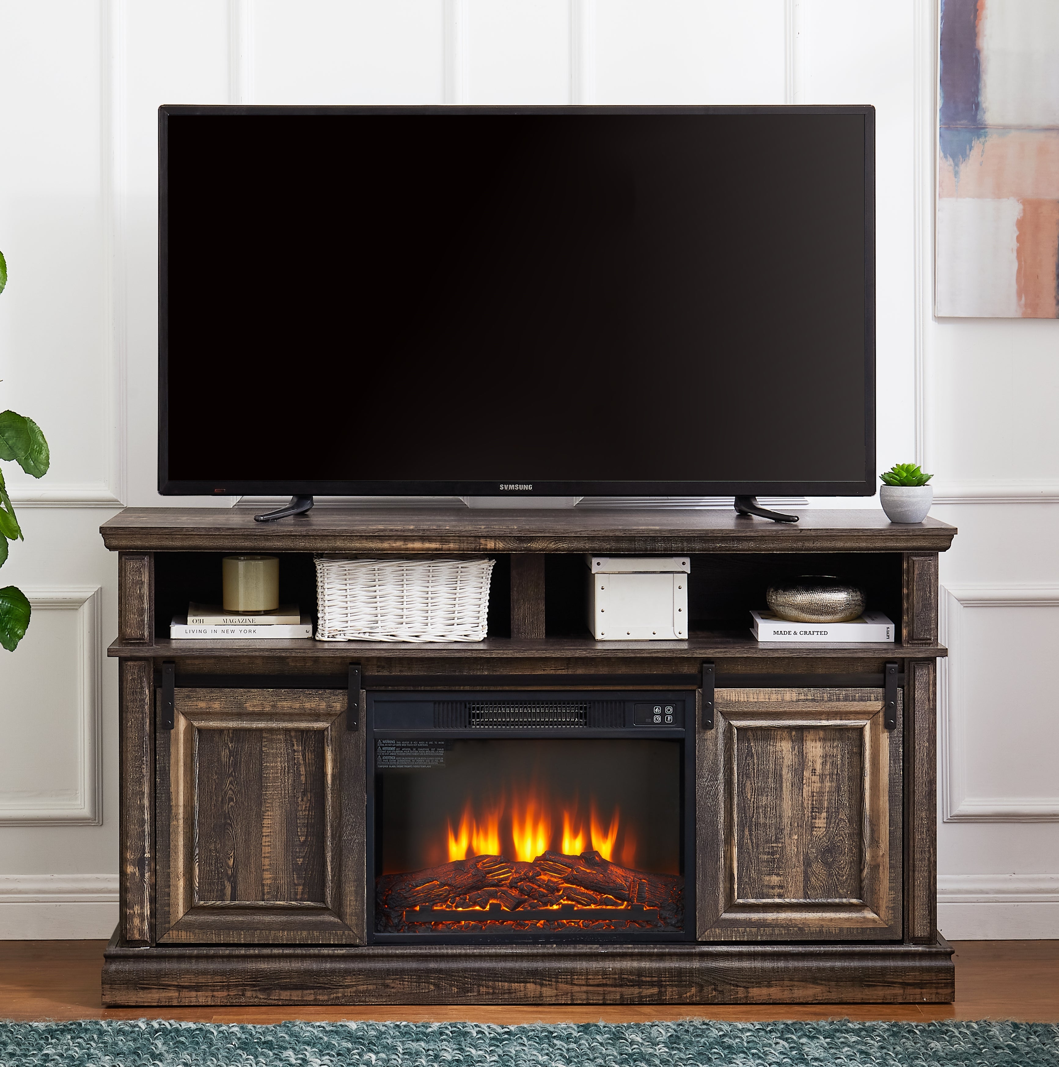 Entertainment console multifunctional sliding door cabinet with 23 inch fireplace 58.11 &