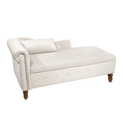 Beige Chaise Lounge Indoor Velvet Lounge Chair for Bedroom with Storage &amp; Pillow Modern Upholstered Rolled Arm Chase Lounge