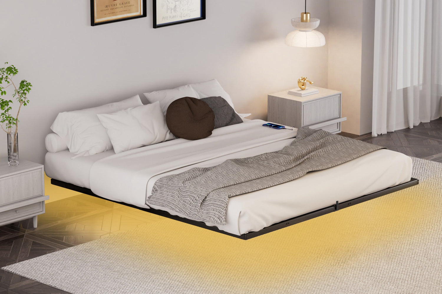 Floating Bed Frame King Size with LED Lights ＆ charging station, Metal Platform Queen Bed, 79.9&