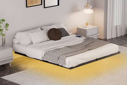 Floating Bed Frame King Size with LED Lights ＆ charging station, Metal Platform Queen Bed, 79.9&