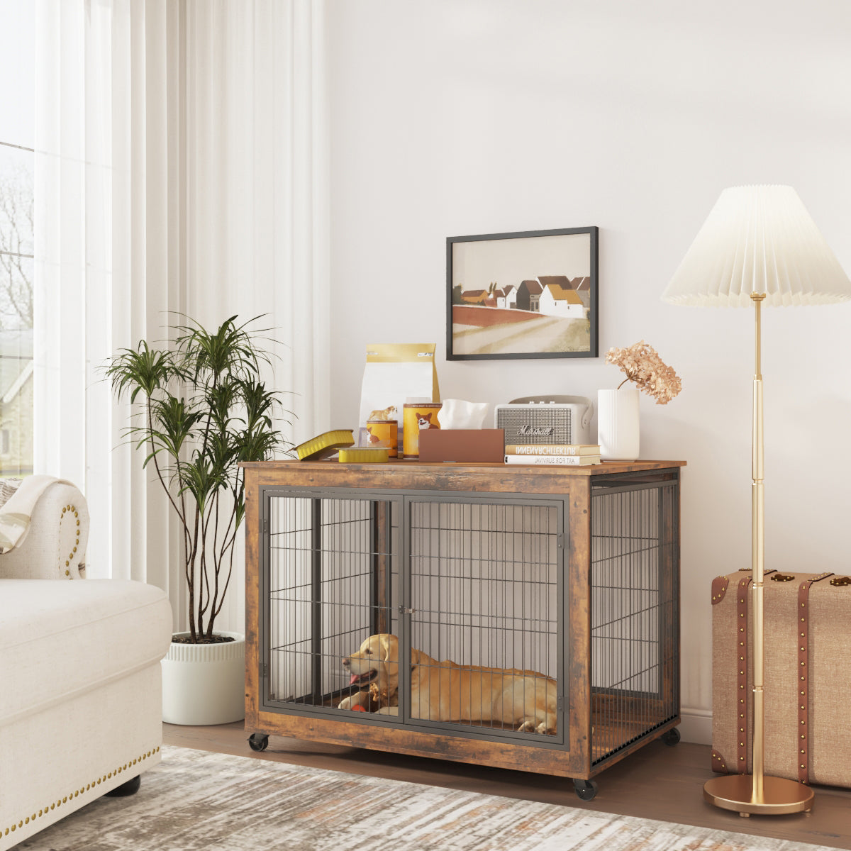 Furniture Style Dog Crate Side Table on Wheels with Double Doors and Lift Top. Rustic Brown, 43.7&