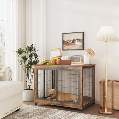 Furniture Style Dog Crate Side Table on Wheels with Double Doors and Lift Top. Rustic Brown, 43.7&