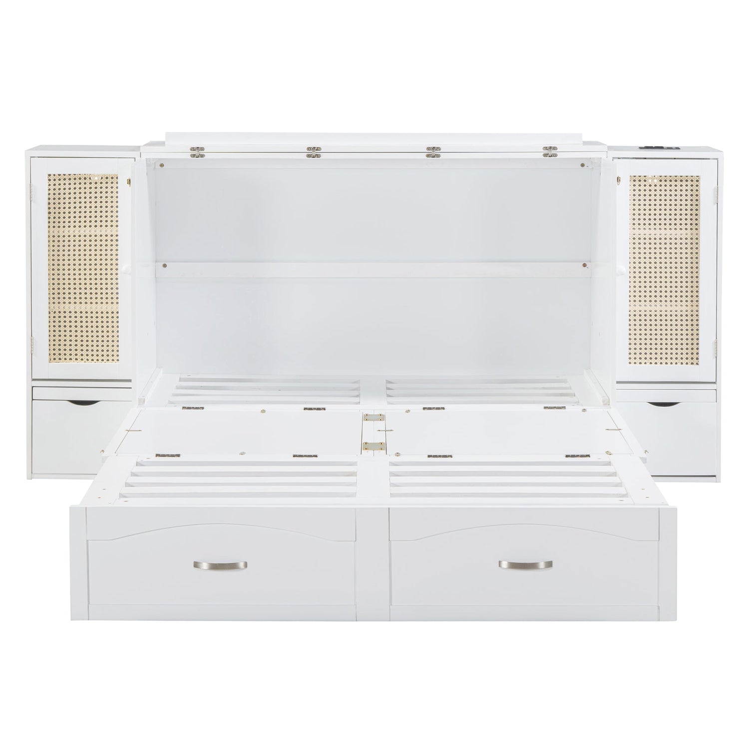 Large Murphy bed wall mounted bed with drawers, 2 storage cabinets, 1 set of sockets and USB ports, white
