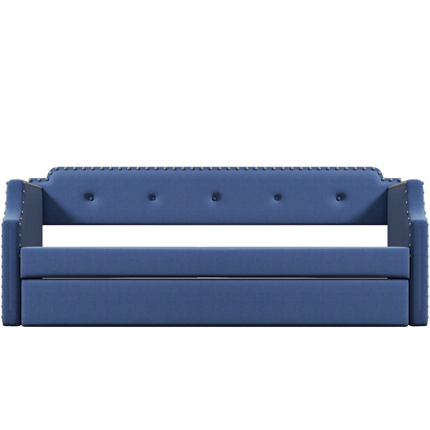 Upholstered Daybed with Trundle, Wood Slat Support,Upholstered Frame Sofa Bed Twin Blue