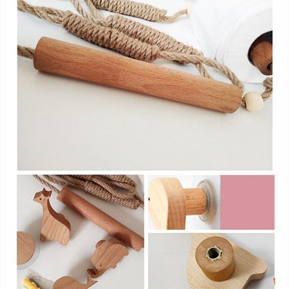 Nordic Indoor Wooden Solid Wood Hemp Rope Animal Tissue Holder Children&