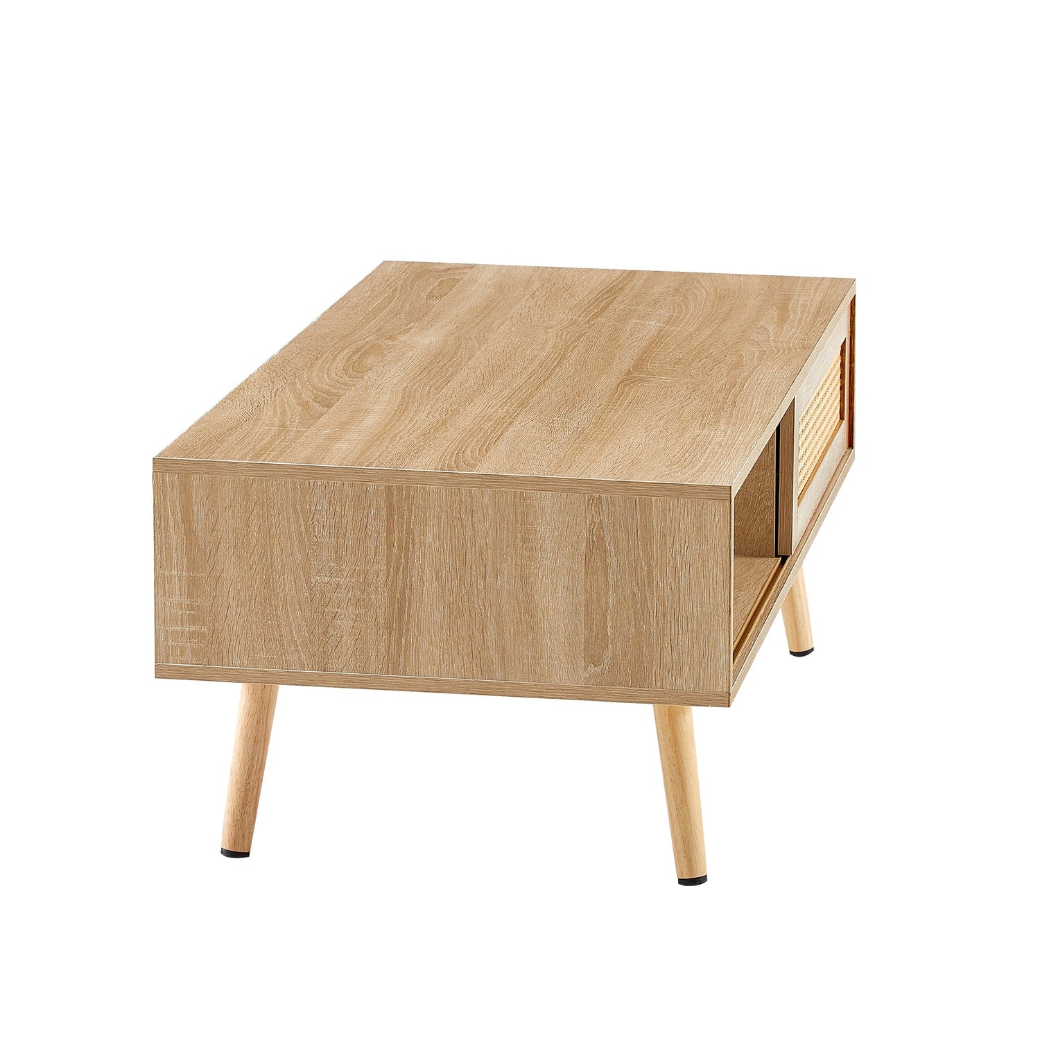 41.34" Rattan Coffee table sliding door for storage solid wood legs Modern table for living room  natural