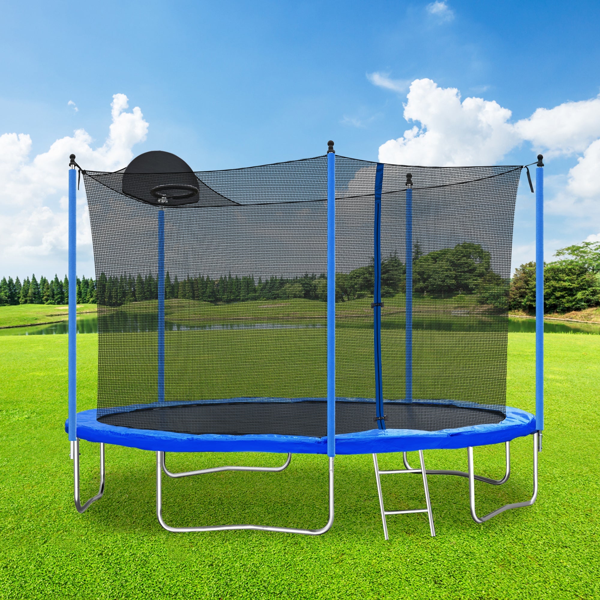 12FT Trampoline for Adults &amp; Kids with Basketball Hoop, Outdoor Trampolines w/Ladder and Safety Enclosure Net for Kids and adult