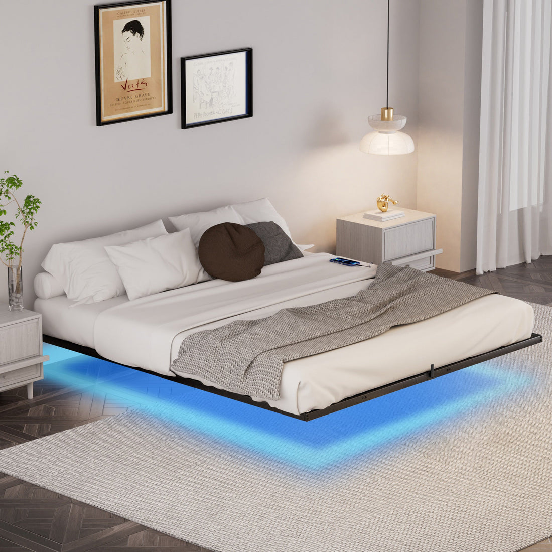 Floating Bed Frame King Size with LED Lights ＆ charging station, Metal Platform Queen Bed, 79.9&
