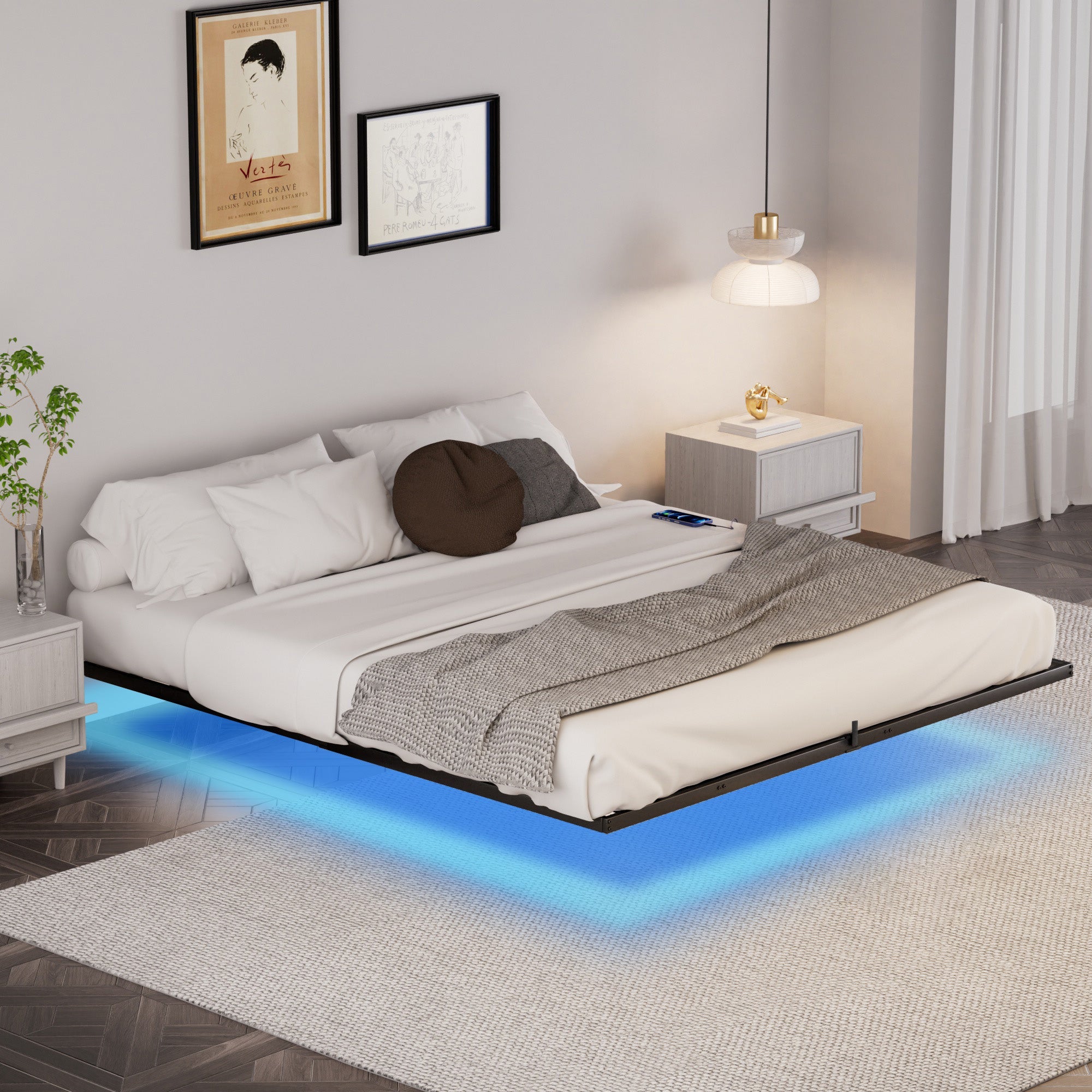 Floating Bed Frame King Size with LED Lights ＆ charging station, Metal Platform Queen Bed, 79.9&