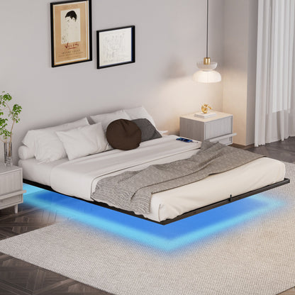 Floating Bed Frame King Size with LED Lights ＆ charging station, Metal Platform Queen Bed, 79.9&