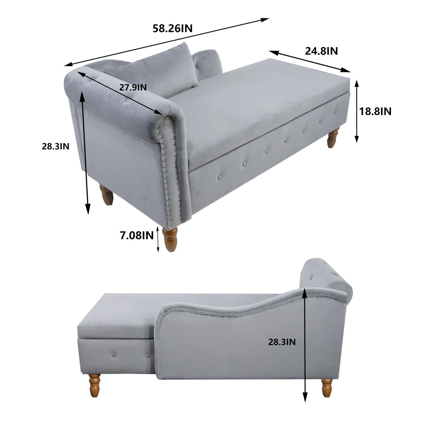 Grey Chaise Lounge Indoor Velvet Lounge Chair for Bedroom with Storage &amp; Pillow Modern Upholstered Rolled Arm Chase Lounge