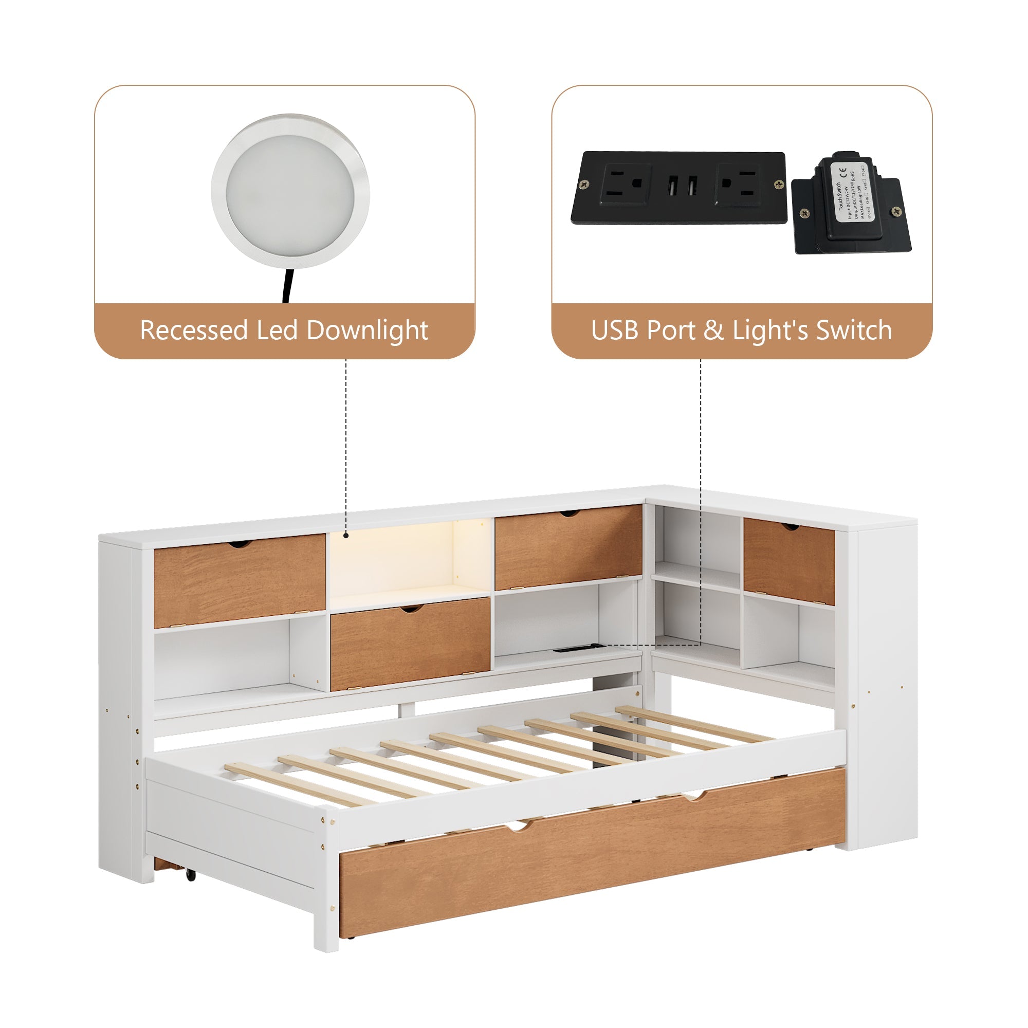 L-shaped bed frame with luggage and bookshelf, corner bed wooden captain&