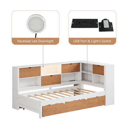 L-shaped bed frame with luggage and bookshelf, corner bed wooden captain&
