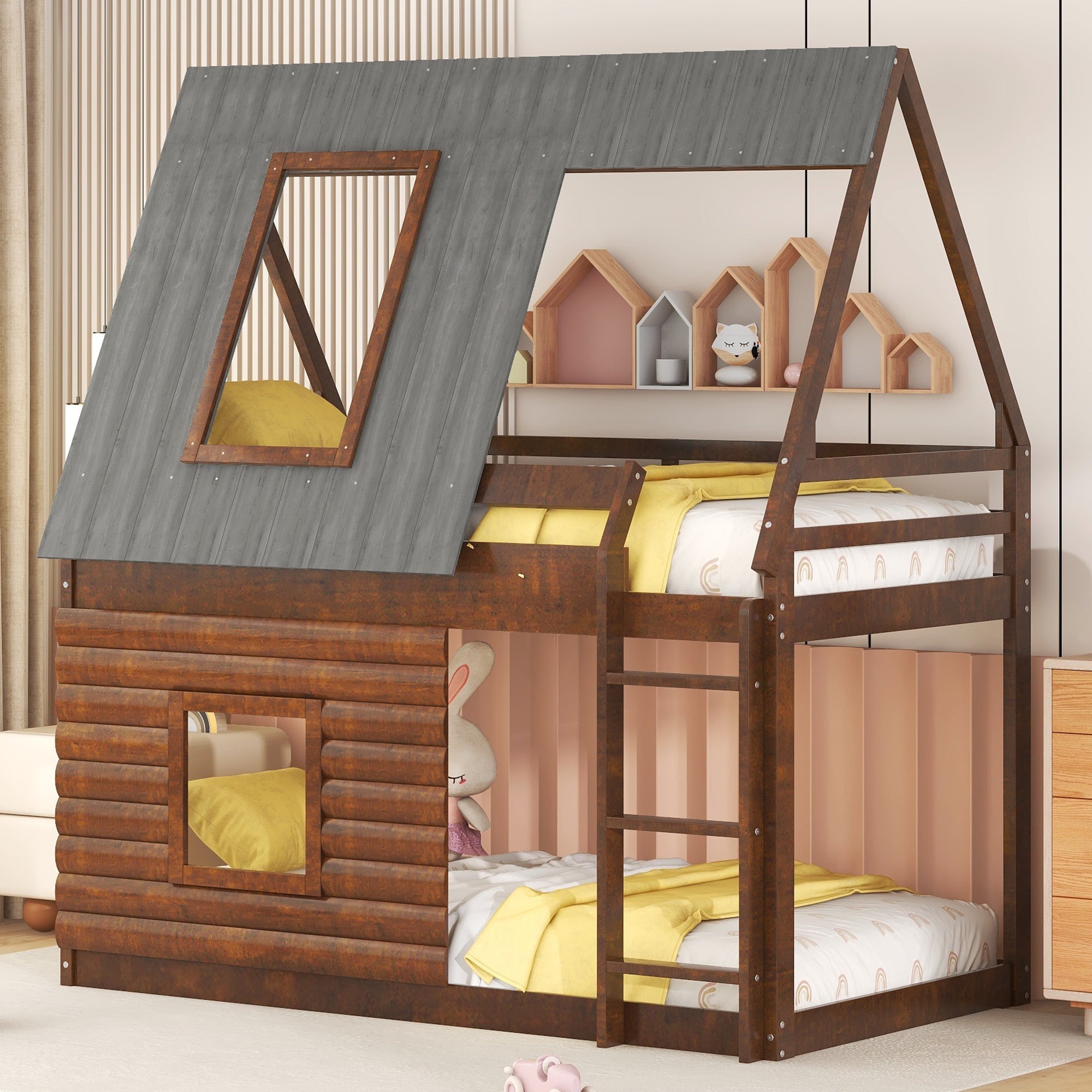 Wood Twin Size House Bunk Bed with Roof, Ladder and 2 Windows, Oak &amp; Smoky Grey