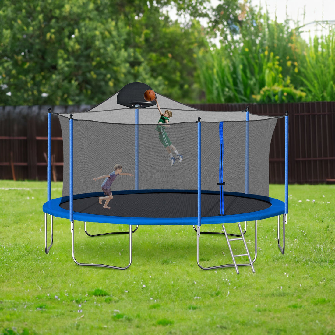 14FT Trampoline for Adults &amp; Kids with Basketball Hoop, Outdoor Trampolines w/Ladder and Safety Enclosure Net for Kids and Adult