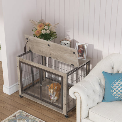Furniture Style Dog Crate Side Table on Wheels with Double Doors and Lift Top.Grey,38.58&