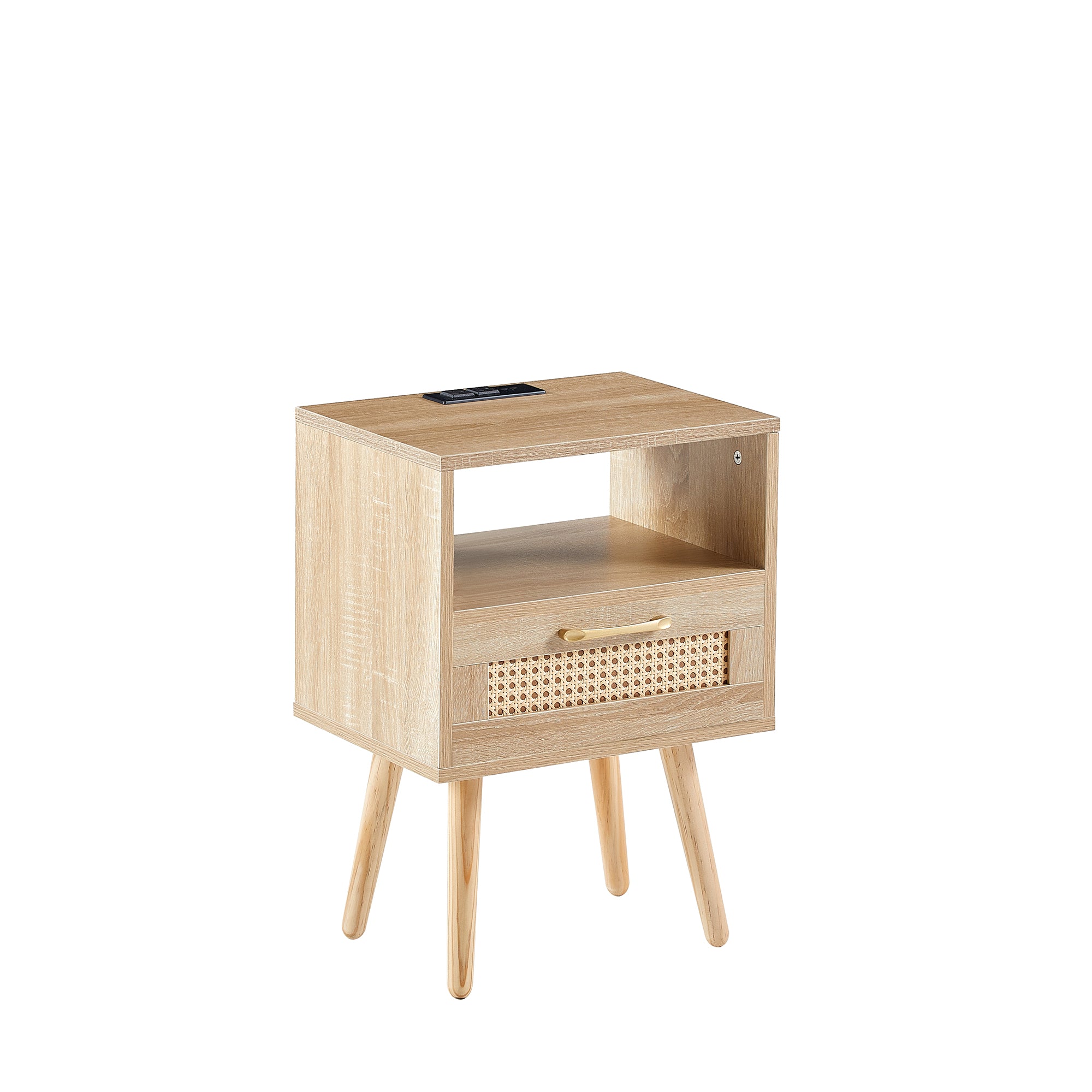 15.75" Rattan End table with Power Outlet &amp; USB Ports  Modern nightstand with drawer and solid wood legs
