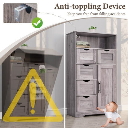 5 Drawers Storage Cabinet with Adjustable Shelves, Bathroom Cabinet with Doors, Floor Cabinet for Living Room Grey