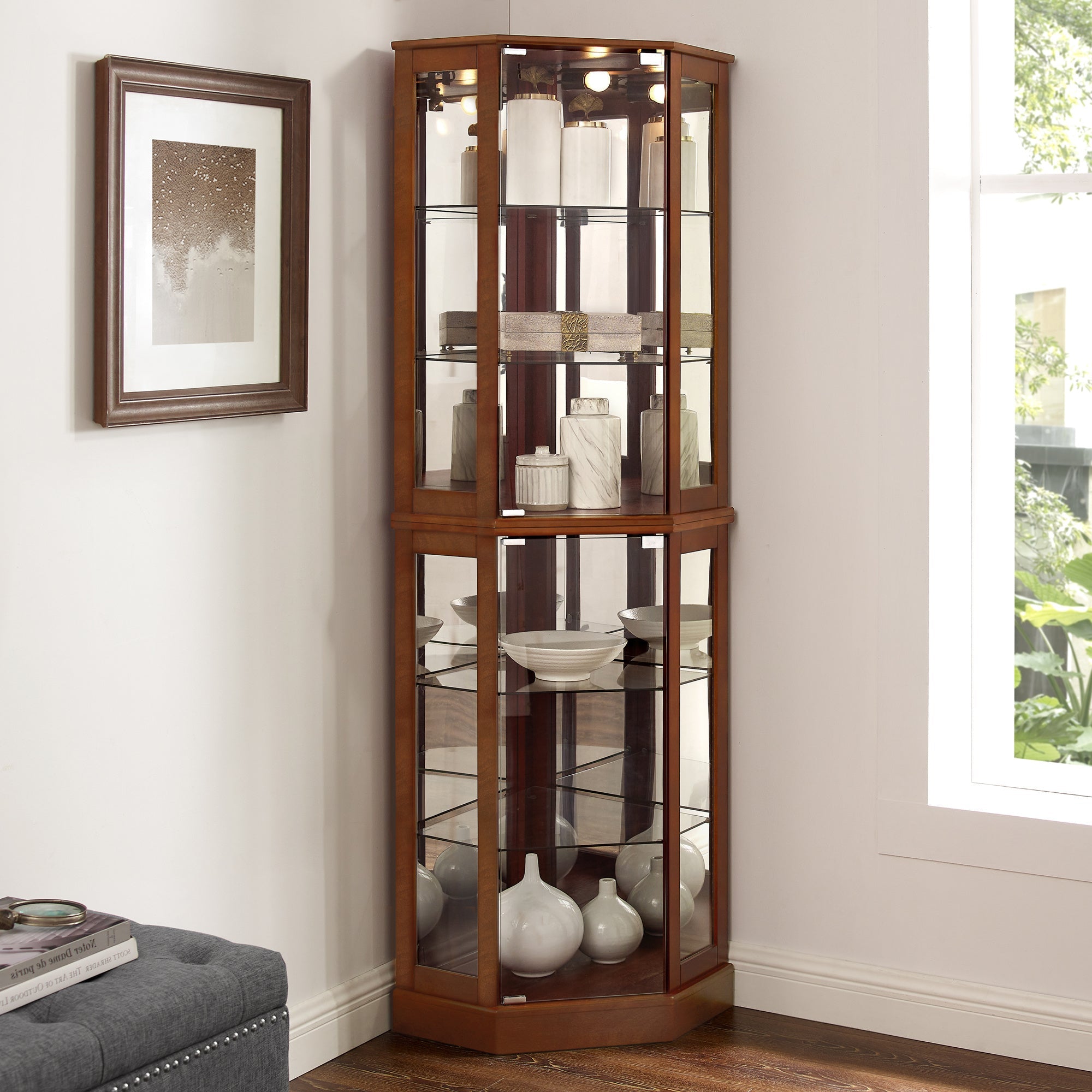 6 shelves corner Curio display cabinet with light mirror and adjustable shelves, walnut wood (excluding E26 light bulbs)