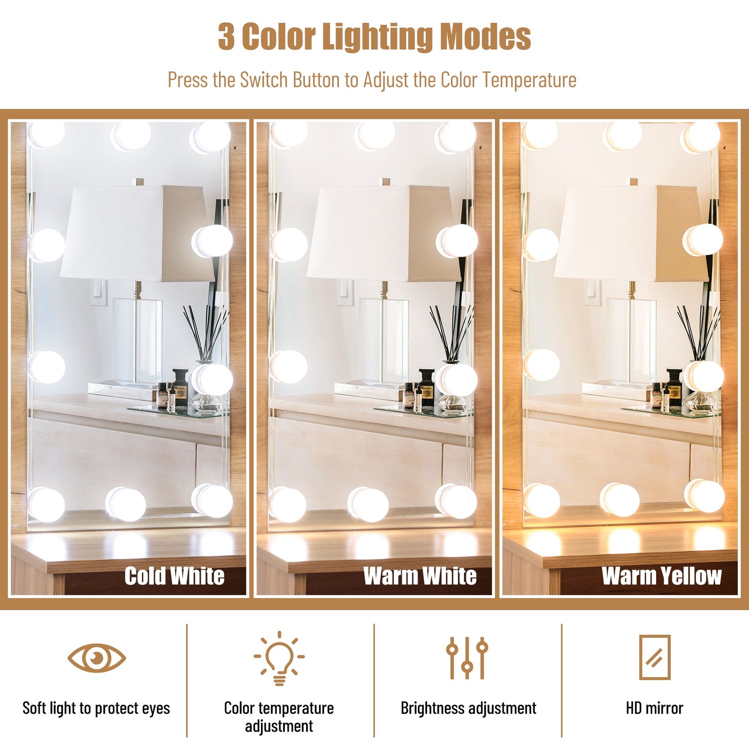 Vanity Desk Set Stool &amp; Dressing Table with LED Lighting Mirror Drawer and Wood Cosmetic Table Chest of Drawers Nature Color