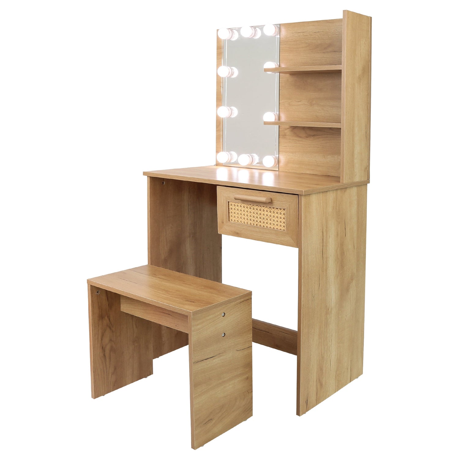 Vanity Desk Set Stool &amp; Dressing Table with LED Lighting Mirror Drawer and Wood Cosmetic Table Chest of Drawers Nature Color