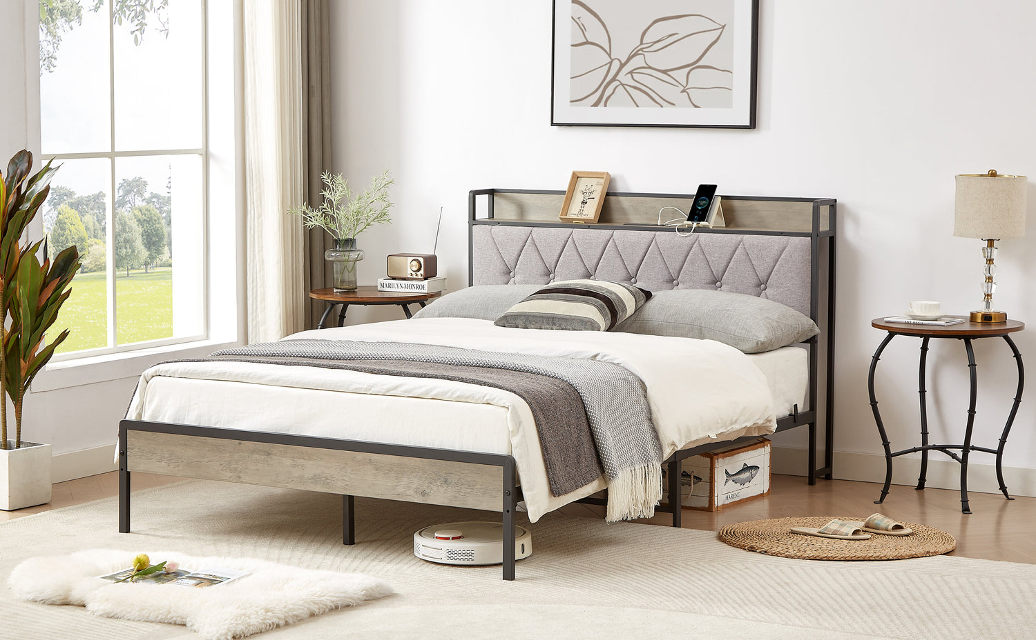 Bed frame with charging station full size, Grey, 83.1&