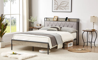 Bed frame with charging station full size, Grey, 83.1&