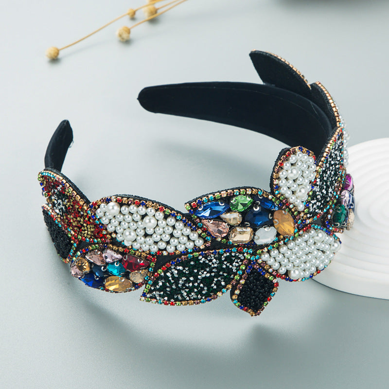 Headband Fashion Ball Rhinestone Pearl Leaf-Shaped Baroque Headband Exaggerated Wide-Brimmed Hair Accessories