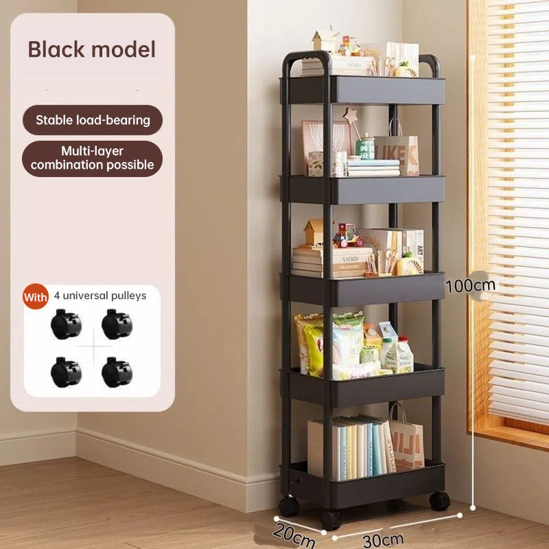 White rolling storage cart. Multifunctional, open shelves for books, ideal for kitchen &amp; bedroom storage