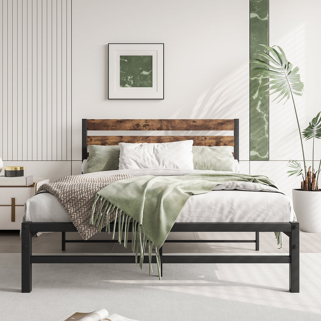 Full Size Platform Bed Frame with Rustic Vintage Wood Headboard Rustic Brown