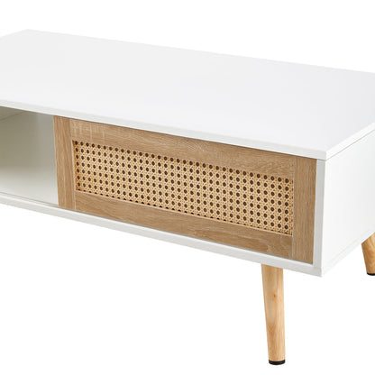 41.34" Rattan Coffee table sliding door for storage solid wood legs White