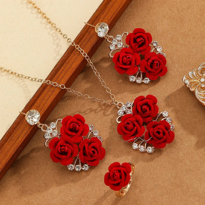 4pcs/Set Romantic Lovely Red Rose Flower Inlaid Rhinestone Pendant Necklaces+Dangle Earrings+Ring，For Women Valentine&