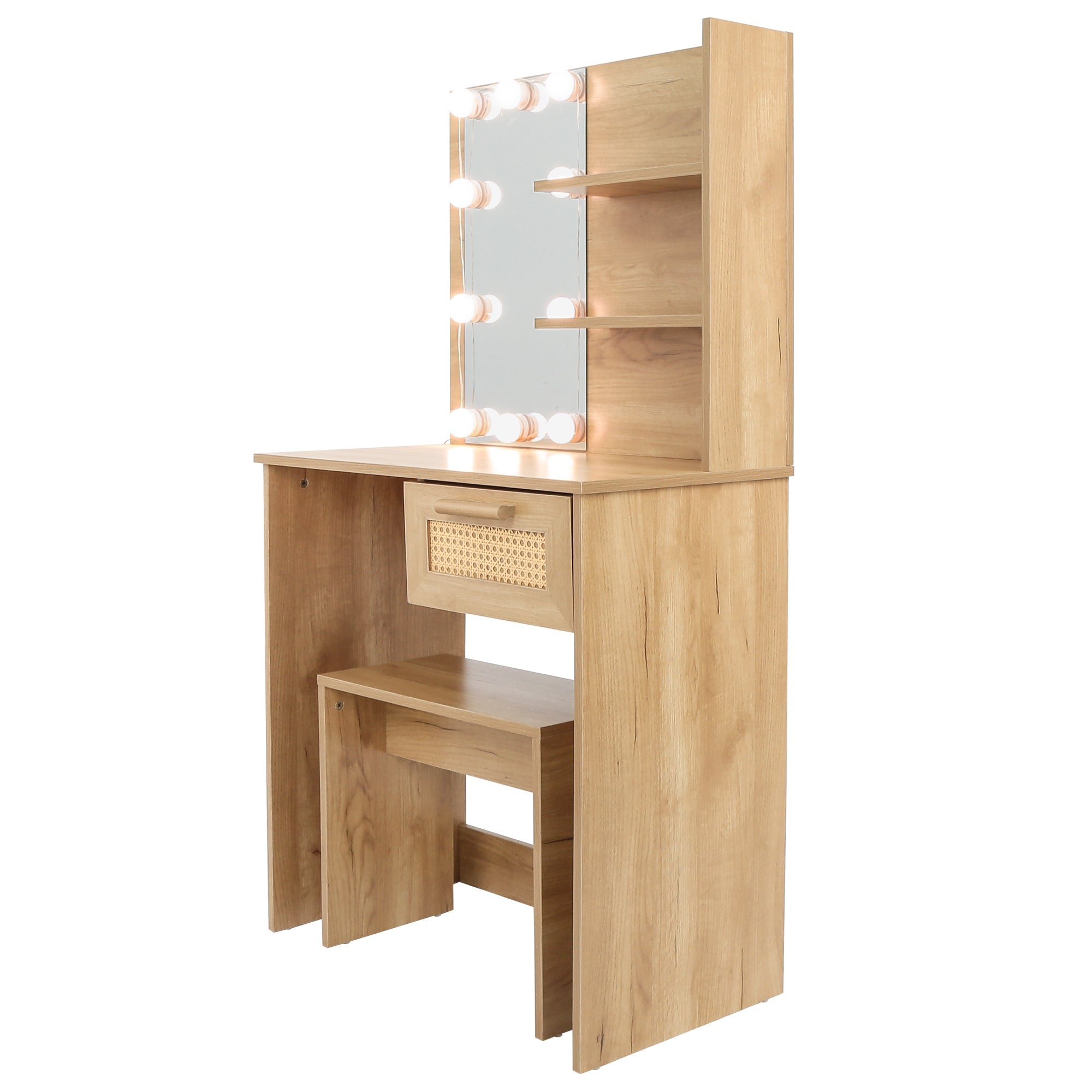 Vanity Desk Set Stool &amp; Dressing Table with LED Lighting Mirror Drawer and Wood Cosmetic Table Chest of Drawers Nature Color