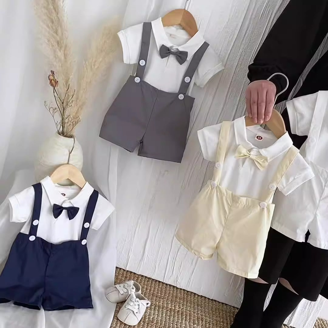 Summer baby hoodie tie suspender shorts two-piece set for gentlemen&