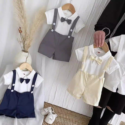 Summer baby hoodie tie suspender shorts two-piece set for gentlemen&