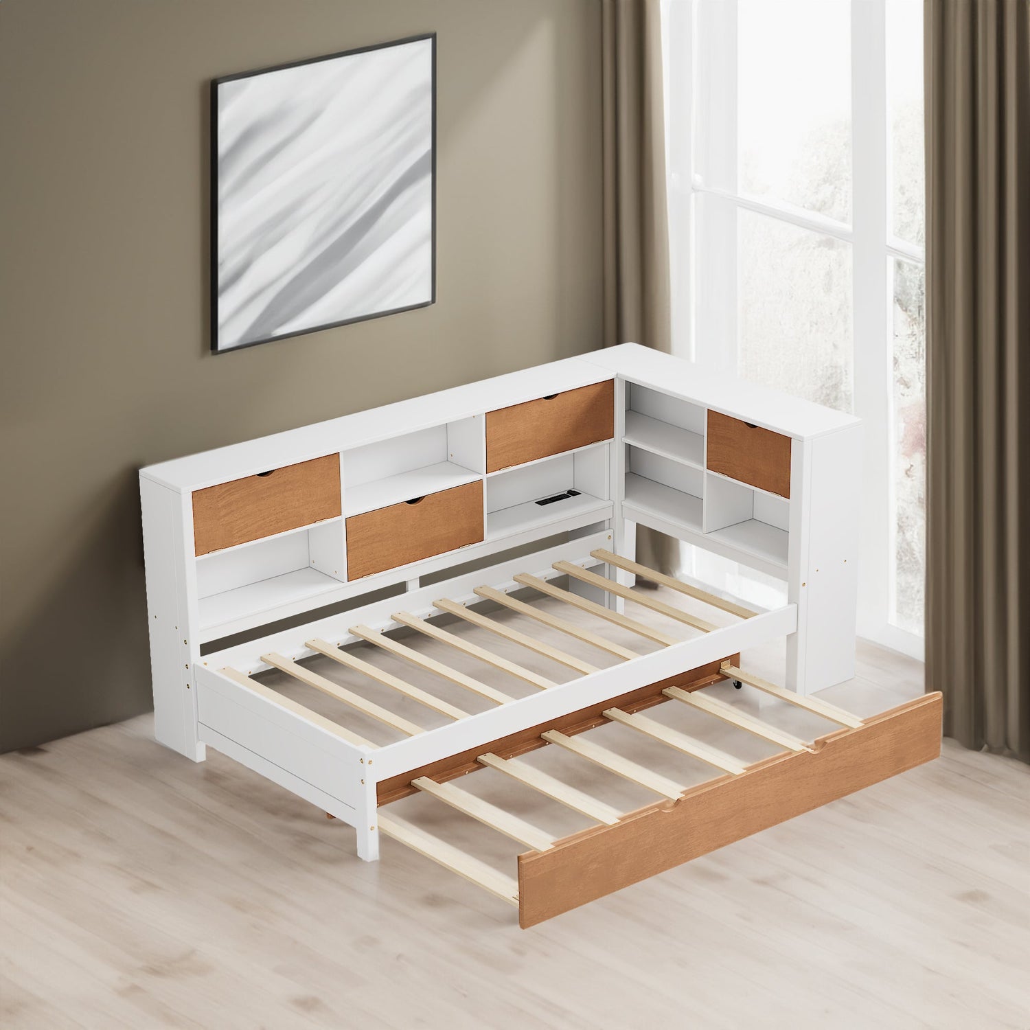 L-shaped bed frame with luggage and bookshelf, corner bed wooden captain&
