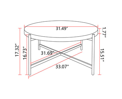 33"Modern Thread Design Round Coffee Table MDF Table Top with Cross Legs Metal Base