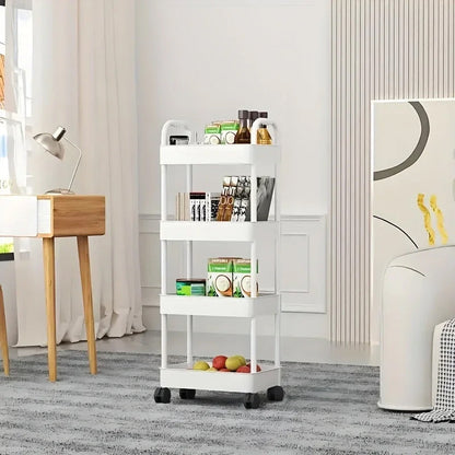 White rolling storage cart. Multifunctional, open shelves for books, ideal for kitchen &amp; bedroom storage