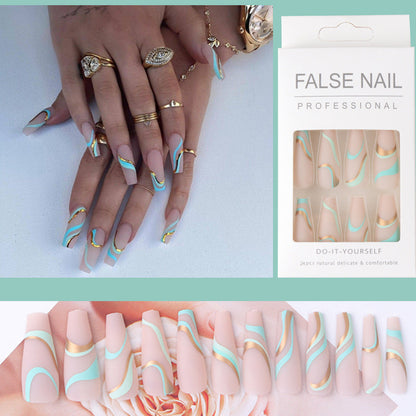 Gold Line Wave Pattern Long Ballet Nail Printed Gold Frosted Manicure Ins Matte Pop Style Contrast Color Wearing Nail