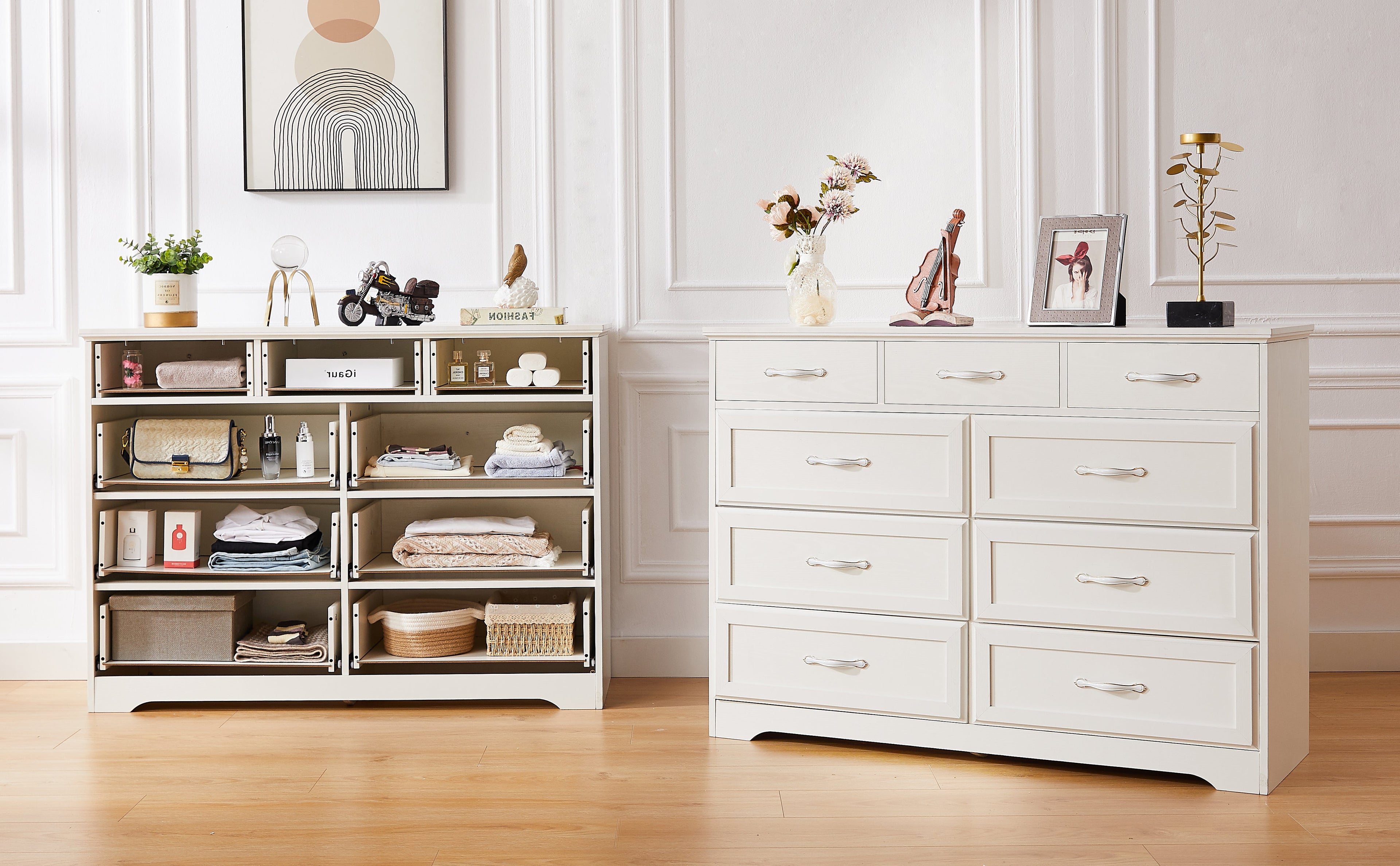 Bedroom dresser 9 drawer long dresser with antique handles wood chest of drawers for kids room 47.56&