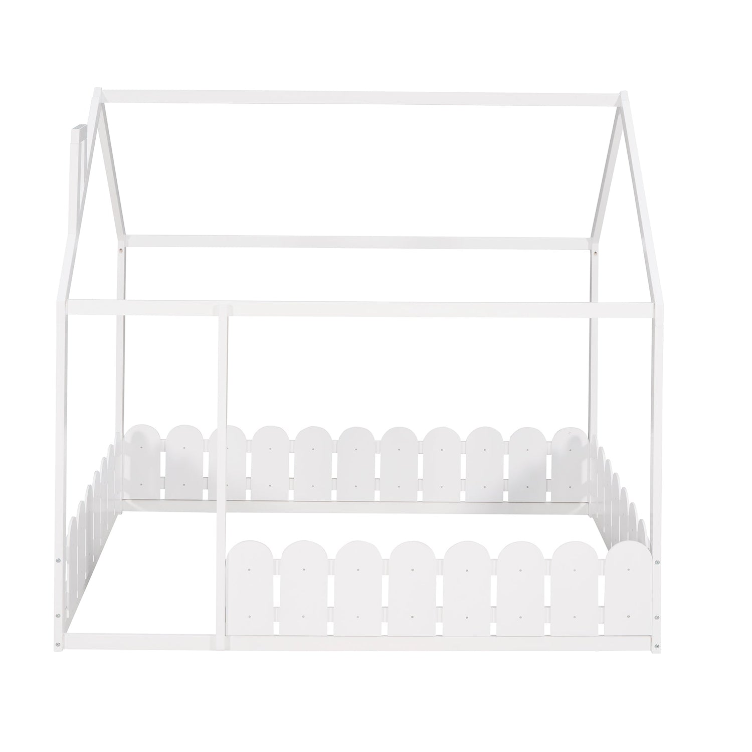 (Slats are not included) Full Size Wood Bed House Bed Frame with Fence for Kids Teens Girls Boys (White )