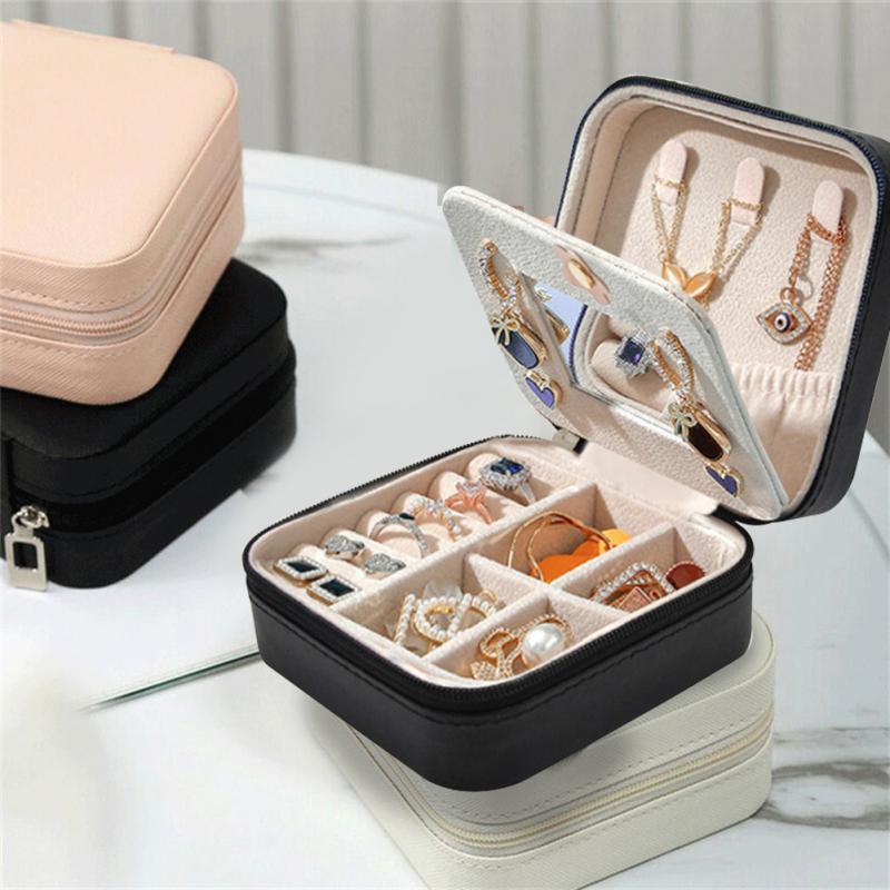 Portable Leather Jewelry Box Candy Color Travel Storage Upgrade With Mirror Earrings Rings Display Organizer Mother&