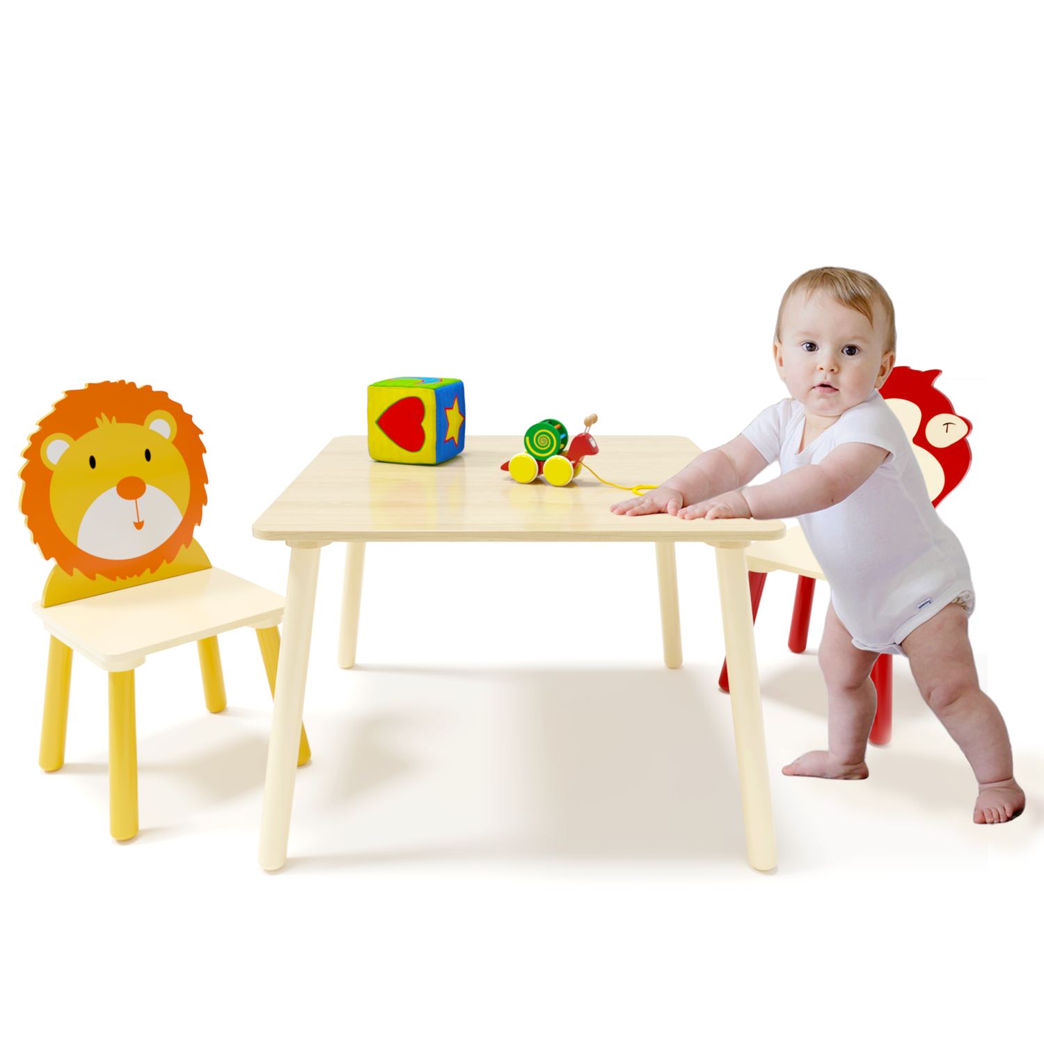 Kids Table and 2 Chairs Set 3 Pieces Toddler Table and Chair Set Wooden Activity Play Table Set (Lion&amp;Monkey)
